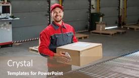  Presentation with warehouse - Cool new slide set with warehouse worker working on a conveyor line backdrop and a coral colored foreground