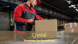  Presentation with warehouse - Presentation design featuring warehouse worker working on a conveyor line background and a coral colored foreground