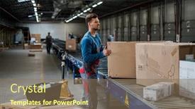  Presentation with warehouse - Slide deck enhanced with worker working on a conveyor background and a violet colored foreground