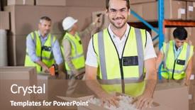  Presentation with warehouse - Audience pleasing slides consisting of warehouse workers in yellow vests backdrop and a violet colored foreground