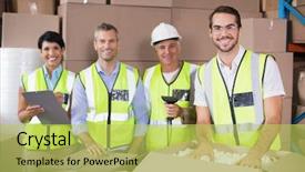  Presentation with warehouse - PPT theme consisting of warehouse workers in yellow vests background and a yellow colored foreground