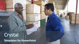  Presentation with factory workers - Cool new PPT theme with warehouse workers stocktaking in timber backdrop and a ocean colored foreground