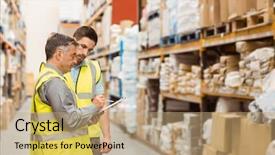  Presentation with warehouse - Slide deck consisting of warehouse workers talking together background and a coral colored foreground