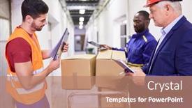  Presentation with controls - Presentation design featuring warehouse-workers-team-controls-delivery background and a coral colored foreground