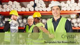  Presentation with factory workers - PPT layouts enhanced with warehouse-workers-team-work-together background and a yellow colored foreground