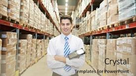  Presentation with worker - PPT theme featuring warehousing - male manager man worker standing background and a mint green colored foreground