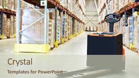  Presentation with pallet - Presentation design featuring warehousing - pallet truck at warehouse background and a soft green colored foreground