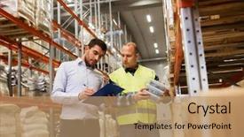  Presentation with export - Audience pleasing slides consisting of warehousing - wholesale logistic people and export backdrop and a coral colored foreground