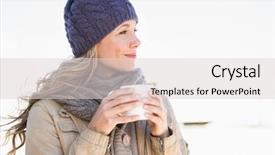  Presentation with beverage - PPT theme consisting of thoughtful blonde in warm clothes holding hot beverage in the city background and a lemonade colored foreground