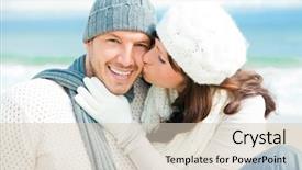  Presentation with female male symbol - Audience pleasing slides consisting of outside on coast behind blue backdrop and a lemonade colored foreground