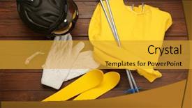  Presentation with ski - Beautiful PPT theme featuring warm clothes with ski outfit backdrop and a gold colored foreground