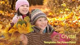  Presentation with autumn wood - Presentation having warm color - closeup of smiling young sister background and a tawny brown colored foreground