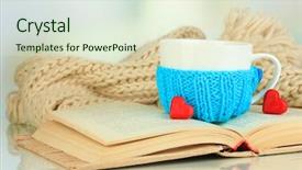  Presentation with open book spiral - Colorful slides enhanced with warm color - cup with knitted thing backdrop and a cream colored foreground