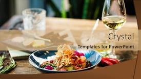  Presentation with food potato chips - Presentation having warm-salad-with-chicken-almond background and a coral colored foreground