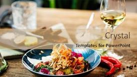  Presentation with food potato chips - Presentation design with warm-salad-with-chicken-almond background and a coral colored foreground