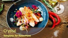  Presentation with food potato chips - Slide set having warm-salad-with-chicken-almond background and a tawny brown colored foreground
