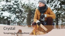  Presentation with winter forest - Amazing PPT theme having warm scarf sitting by campfire backdrop and a coral colored foreground