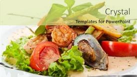  Presentation with seafood - Amazing slide set having warm seafood salad with potatoes salad mix asparagus and spicy cream sauce backdrop and a yellow colored foreground