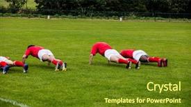  Presentation with rugby players - PPT theme enhanced with wram up - rugby players doing push ups background and a tawny brown colored foreground