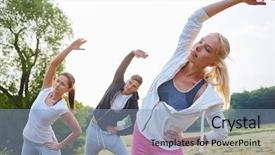  Presentation with workout - Audience pleasing presentation design consisting of wram up - young people stretching in fitness backdrop and a seafoam green colored foreground