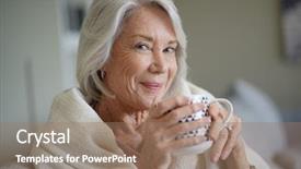  Presentation with home - Colorful theme enhanced with older care - cosy looking senior woman backdrop and a coral colored foreground