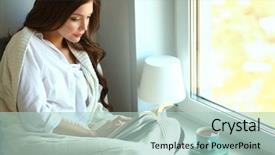  Presentation with young woman diagnosis of sti - Colorful slide deck enhanced with home sitting near window backdrop and a mint green colored foreground