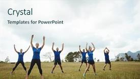  Presentation with elderly people and exercise - Beautiful slides featuring warmups - fit people performing stretching exercise backdrop and a sky blue colored foreground