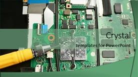  Presentation with computer motherboard - Colorful PPT theme enhanced with warranty card - motherboard in dismantled laptop backdrop and a seafoam green colored foreground