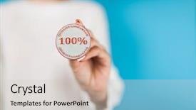  Presentation with private confidential document stamp classified - PPT layouts having warranty card - woman holding hundred percent stamp background and a lemonade colored foreground