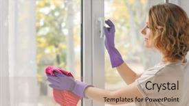  Presentation with cleaning day - Colorful presentation theme enhanced with wash day - beautiful woman cleaning window backdrop and a coral colored foreground