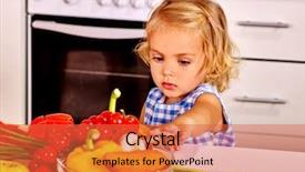  Presentation with kitchen - Amazing PPT theme having wash room - child touching vagetable in colander backdrop and a red colored foreground