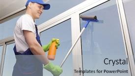  Presentation with triathlon professional cyclist man cycling - Cool new slides with washer - professional cleaning man washes window backdrop and a light blue colored foreground