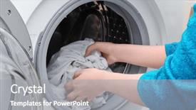  Presentation with clothes washing machine - Colorful PPT theme enhanced with washer - woman putting clothes in washing backdrop and a gray colored foreground