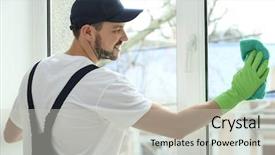  Presentation with office cleaning - Colorful PPT theme enhanced with washer - young man cleaning window backdrop and a light gray colored foreground
