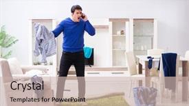  Presentation with clothing - Slides enhanced with washer - young man collecting dirty clothing background and a soft green colored foreground