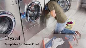  Presentation with clothes washing machine - PPT layouts featuring washing machine drum at laundromat background and a light gray colored foreground