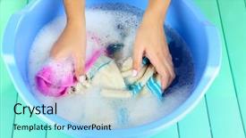  Presentation with hand washing - Theme having washing powder - hand wash on wooden background background and a light blue colored foreground