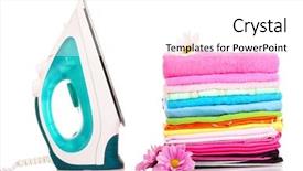  Presentation with modern electric iron isolated - Theme with washing powder - pile of colorful clothes background and a white colored foreground