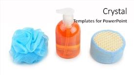  Presentation with shampoo - Theme having washing powder - shampoo and sponge isolated background and a white colored foreground