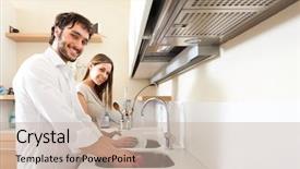  Presentation with kitchen - Presentation design having washing up - young couple doing dishes background and a mint green colored foreground