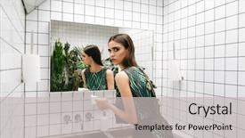  Presentation with closet - Presentation design with washrooms - pretty young woman standing background and a light gray colored foreground