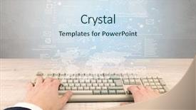  Presentation with financial report - Beautiful presentation featuring waste charts - elegant businessman hand typing backdrop and a sky blue colored foreground