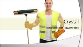  Presentation with waste - Amazing PPT layouts having waste collector holding a broom and looking at the camera isolated on white background backdrop and a blonde colored foreground