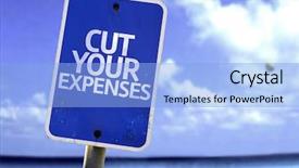  Presentation with cut - Presentation theme enhanced with waste cost - cut your expenses sign background and a light blue colored foreground