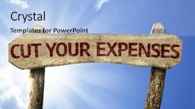  Presentation with cost cut - Colorful slides enhanced with waste cost - cut your expenses sign backdrop and a light blue colored foreground