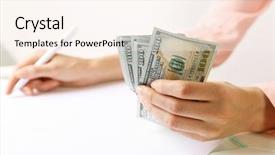  Presentation with hand cute dolls and toy - Slide set consisting of waste cost - hand holding dollar banknotes background and a cream colored foreground