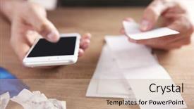  Presentation with calculator - Cool new slides with waste cost - male hands using calculator apps backdrop and a coral colored foreground