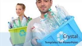  Presentation with plastic recycling - Beautiful presentation theme featuring waste disposal - man and woman recycling plastic backdrop and a light blue colored foreground
