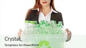  Presentation with recyclable plastic container - Colorful slide deck enhanced with waste disposal - young businesswoman carrying a plastic backdrop and a soft green colored foreground