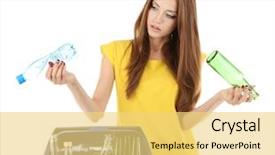  Presentation with out line of glass bottle - Beautiful presentation theme featuring waste disposal - young girl sorting glass bottles backdrop and a yellow colored foreground